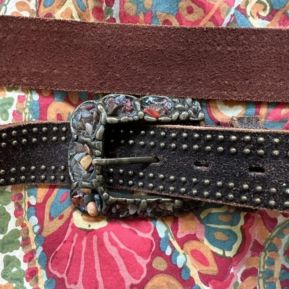 Brown leather belt with brass detail and rock buckle size m/l